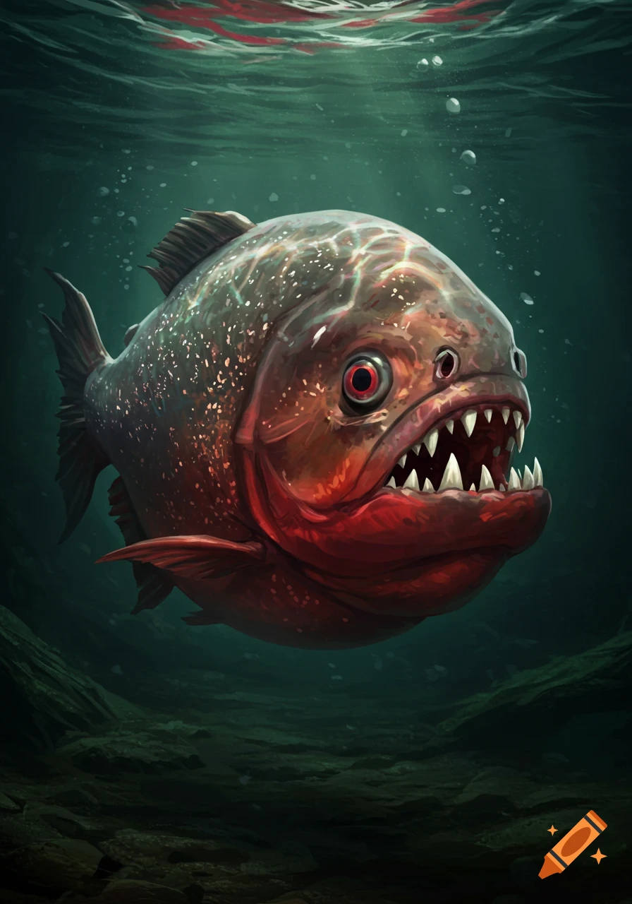 A huge, red piranha with sharp teeth, swimming in dark water with light reflecting from the surface.