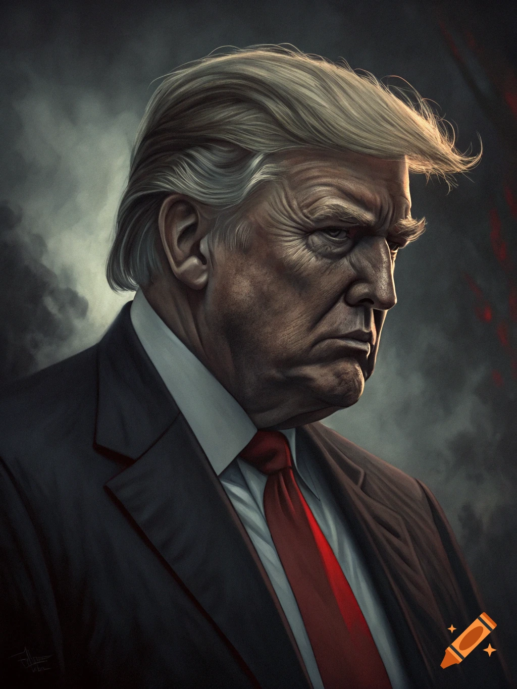 A dark, stylized digital portrait of Donald Trump with a stern expression, looking to the right.
