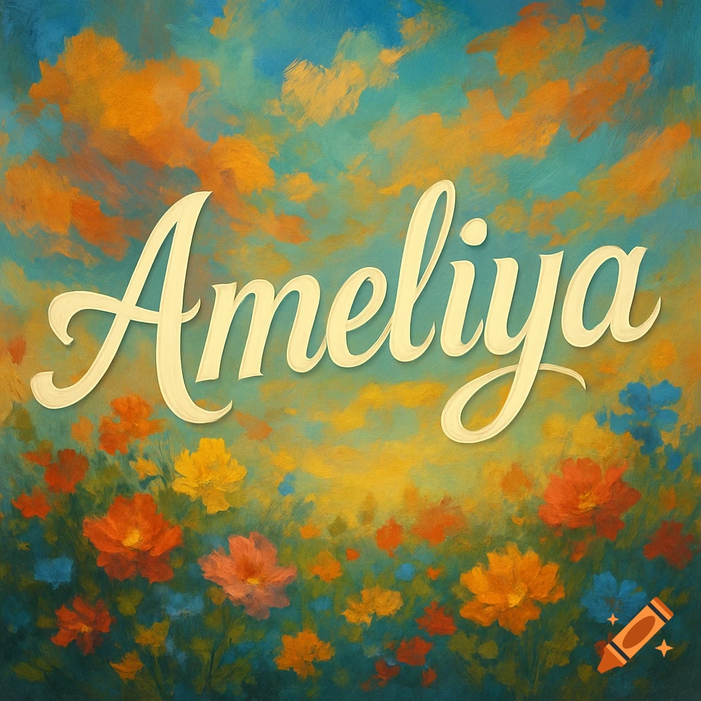 The name Ameliya in cream script on a painterly background of vibrant orange, red, and blue flowers under a multi-colored sky.