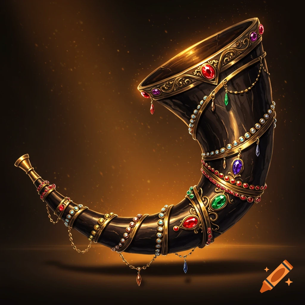 A dark, ornate horn, richly decorated with gold filigree, colorful jewels, and draped chains, glowing against a warm, dark background.