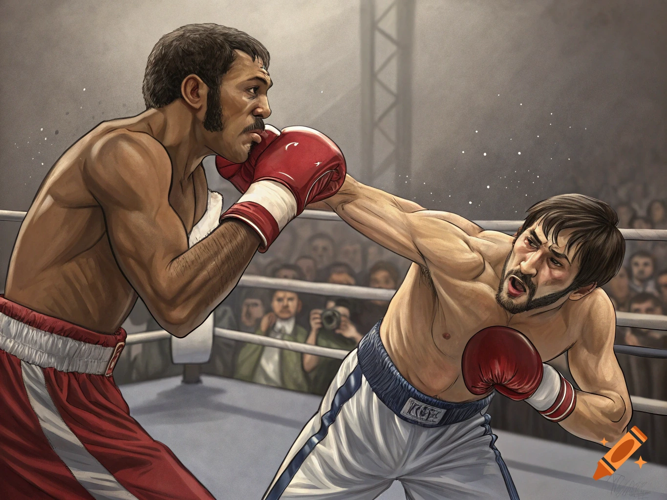Color Commentary Boxing An illustrated boxing match with one boxer in red trunks landing a ...
