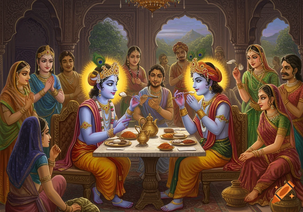 Krishna and Balaram, with glowing halos, share a meal at a palace table, surrounded by friends and attendants in a vibrant, traditional art style.