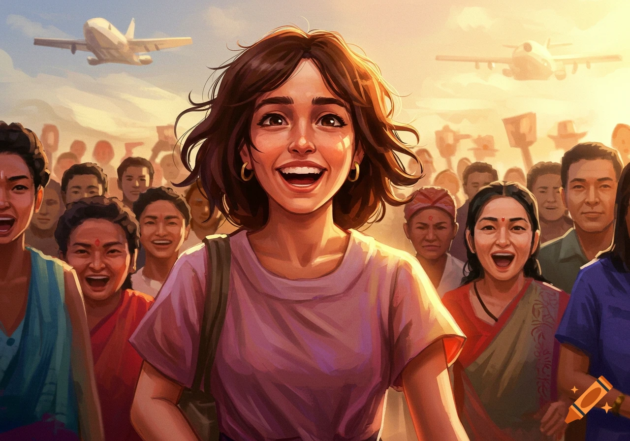 An illustration of a young woman smiling broadly in a diverse crowd, with airplanes flying in the sunny sky above them.