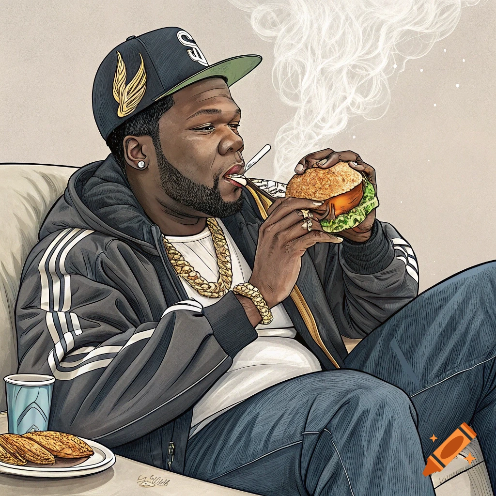 Stylized illustration of 50 Cent sitting, wearing a baseball cap and gold chains, eating a burger and smoking.