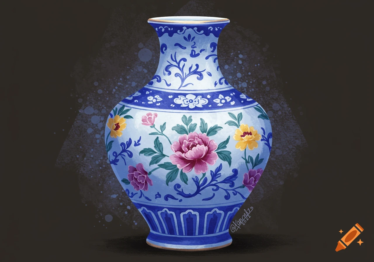 Blue and white ceramic vase with pink and yellow floral patterns on a dark background, in a painted style.