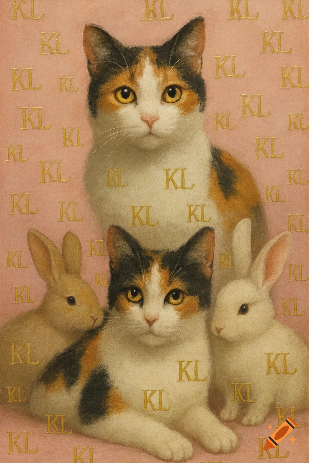 A painting of two calico cats and two bunnies on a pink background with repeating gold 'KL' letters.