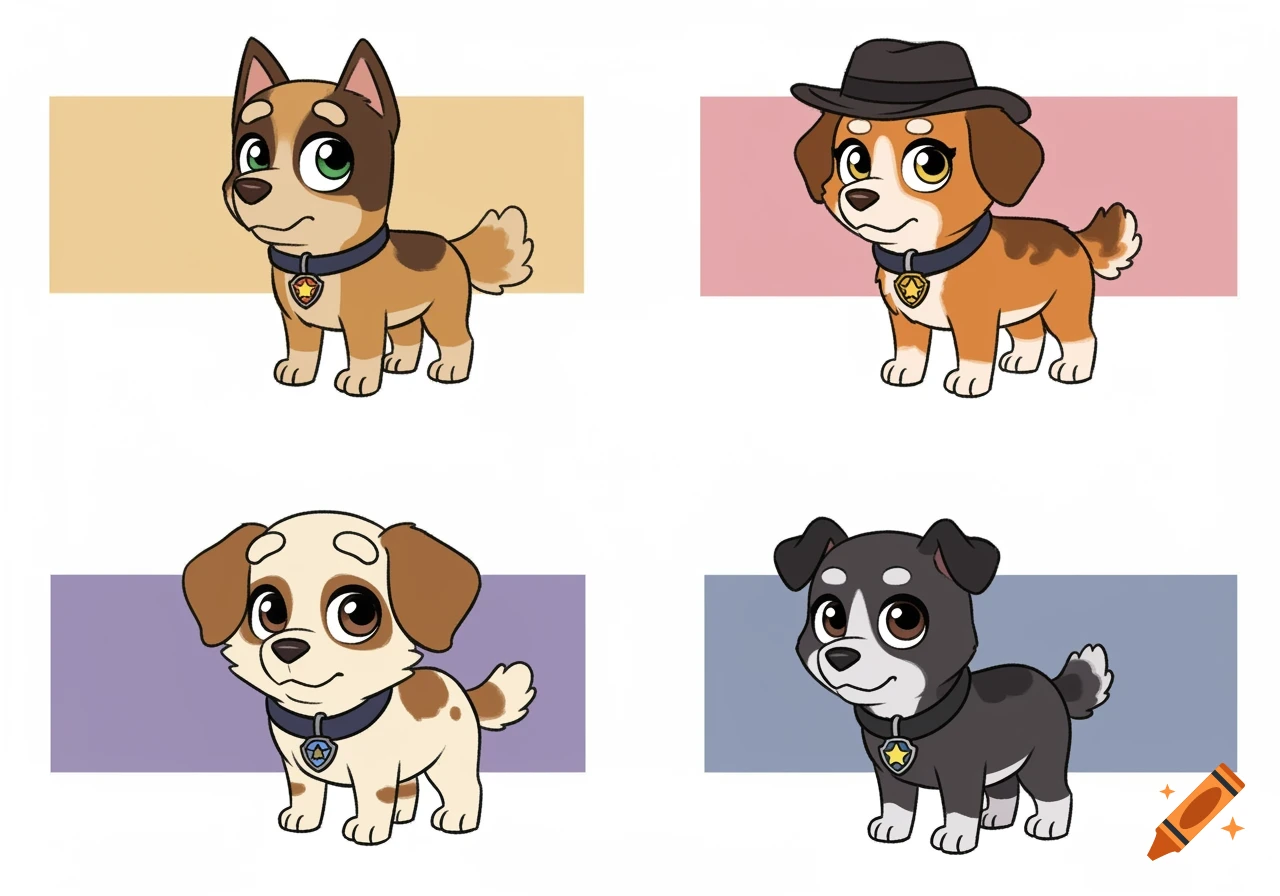 Four cute cartoon dogs, resembling characters from Paw Patrol, stand against colorful rectangular backgrounds.
