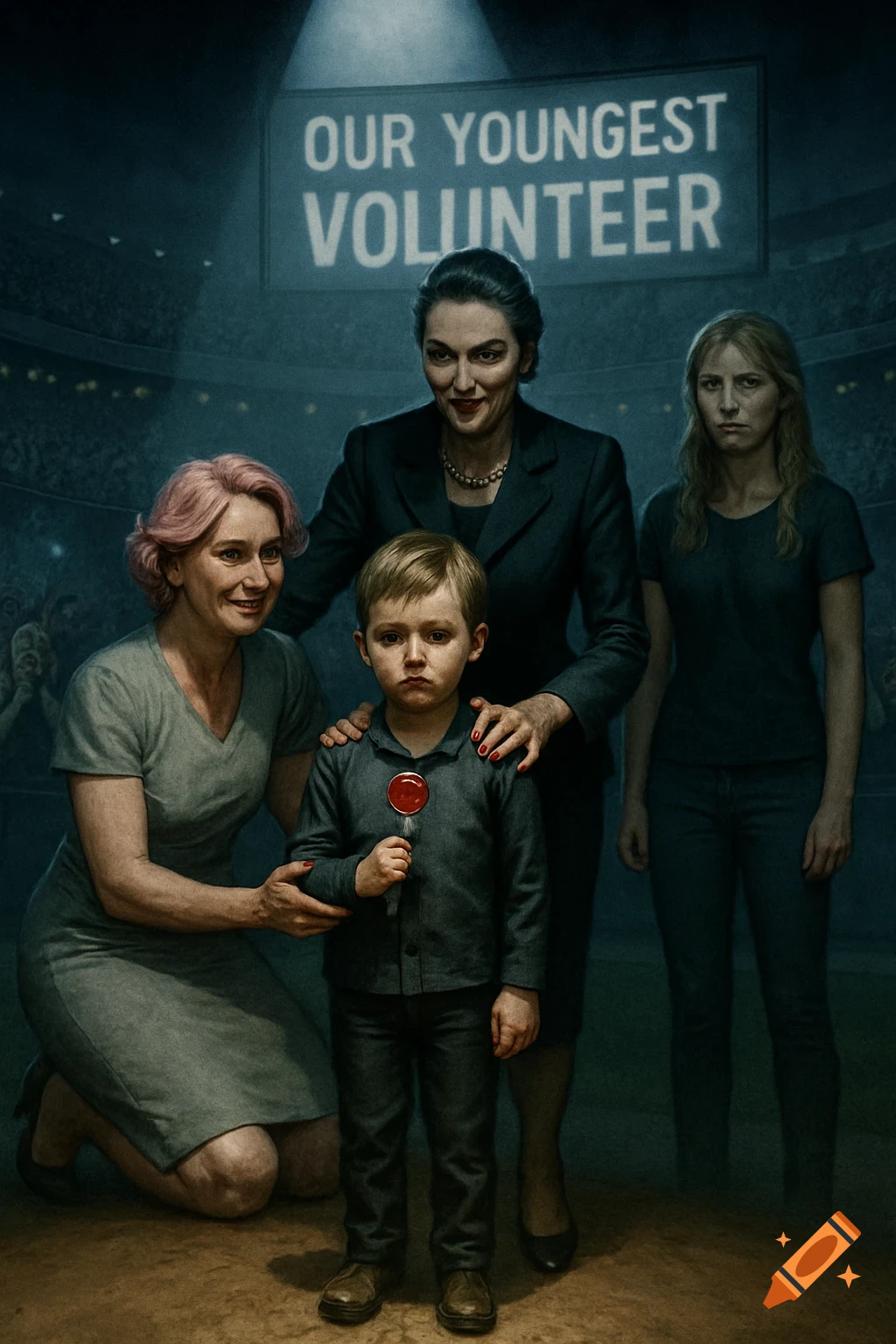 A solemn boy holds a red lollipop, flanked by two women, one smiling, one grim. Another woman looms behind him. A large screen overhead reads "OUR YOUNGEST VOLUNTEER" in a stadium setting.
