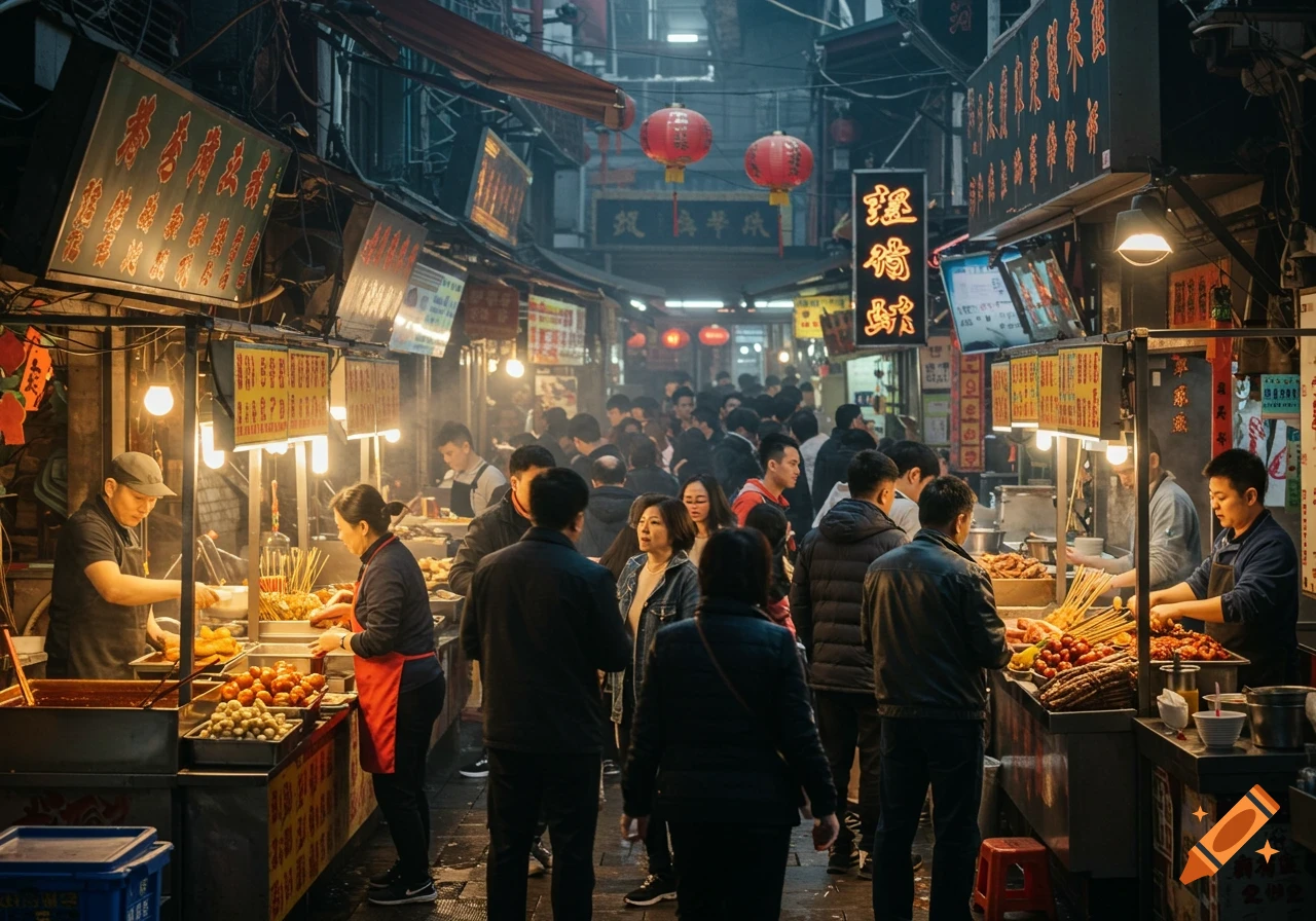 A bustling night market in China with numerous food stalls, vendors, and crowds of people under illuminated signs and red lanterns.