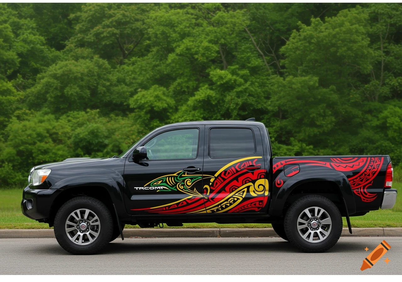 Black Toyota Tacoma truck with red, yellow, and green Polynesian tribal shark art on its side, parked on an asphalt road with trees in the background.
