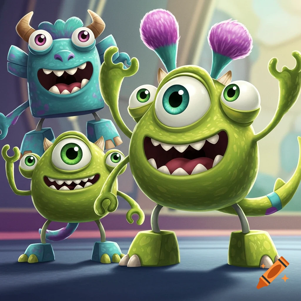 Three happy, vibrant cartoon monsters, one large green with purple antennae, one smaller green, and one blue and blocky, all smiling.