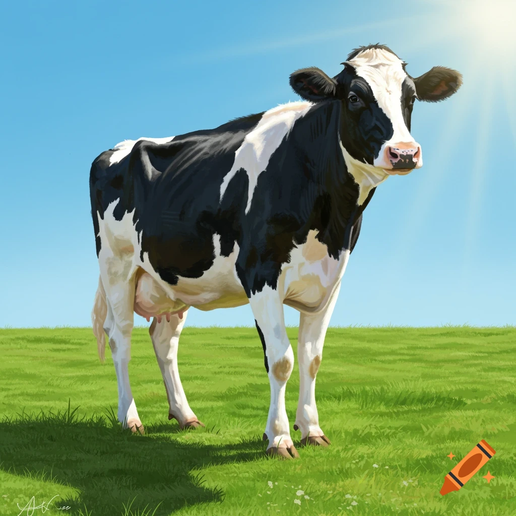Photorealistic depiction of a black and white Holstein cow standing in a bright green field under a clear blue sky.