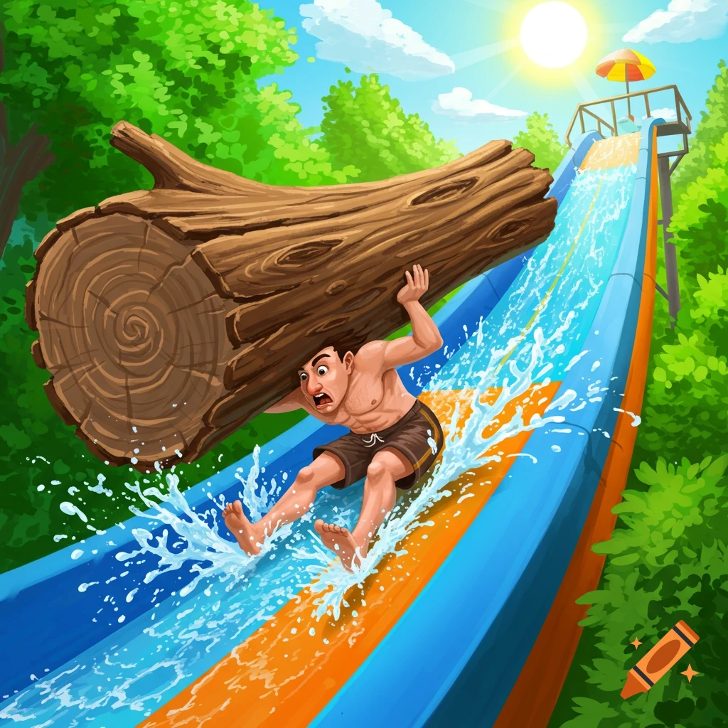 A cartoon man in swim trunks struggles under a large log on his back as he slides down a blue and orange water slide.