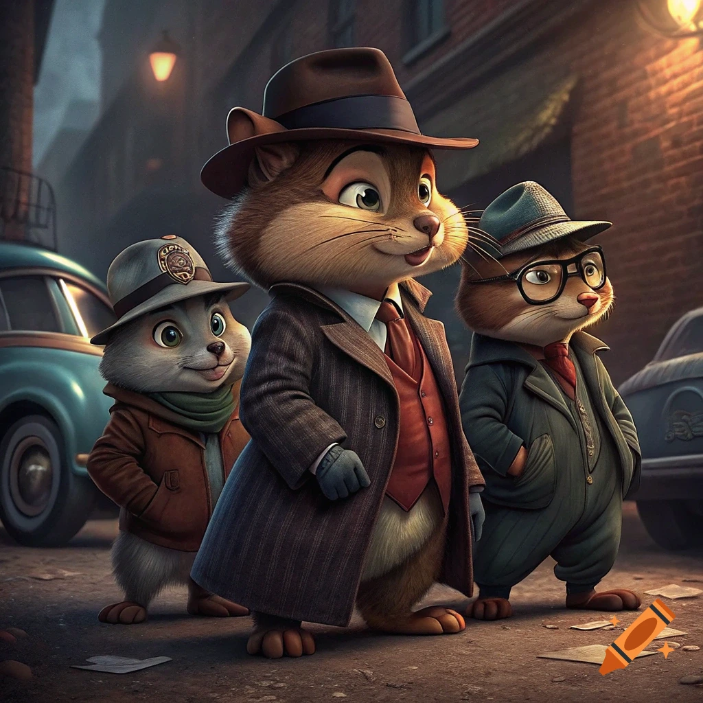 Three anthropomorphic chipmunks dressed as gangsters, wearing coats and hats, standing on a city street at night.