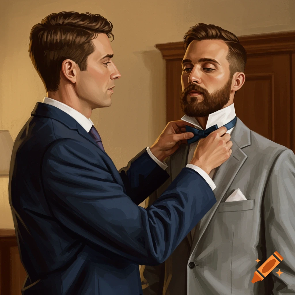 Two men, one helping the other adjust his bowtie, rendered in a painted, illustrative style.