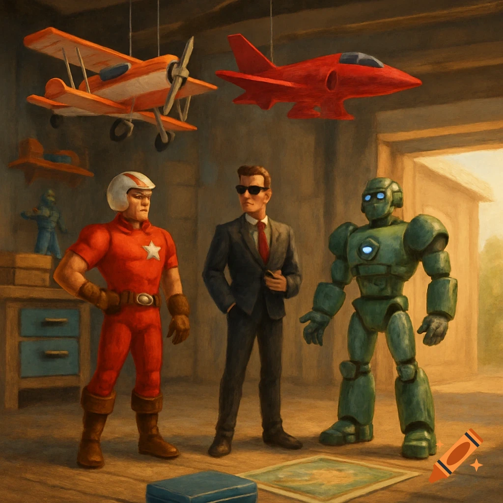 A red-suited superhero, a man in a suit, and a green robot action figure stand in a toy-filled room with hanging planes and a map.