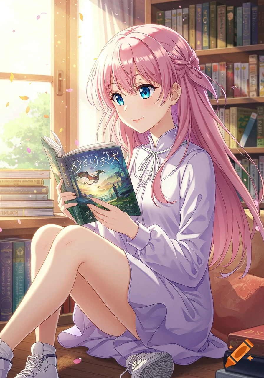 An anime girl with pink hair and blue eyes sits reading a book by a sunlit window in a library.