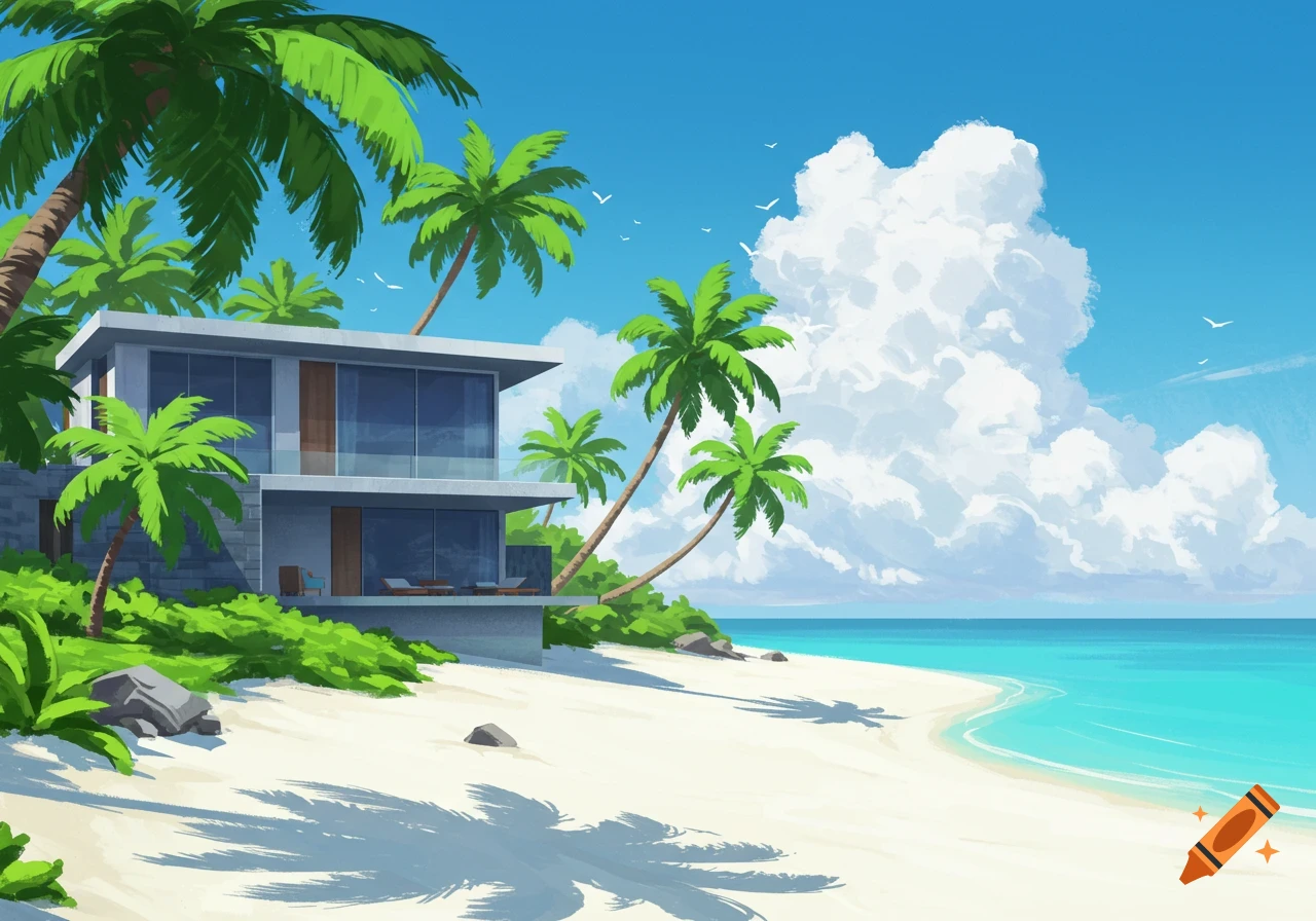 A modern two-story house on a white sand beach with green palm trees under a bright blue sky. Stylized illustration.