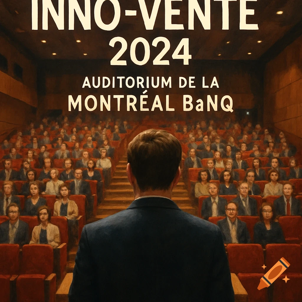 A speaker views a crowded auditorium with event text "INNO-VENTE 2024" and "AUDITORIUM DE LA MONTR    ÉAL BaNQ" on a screen above.