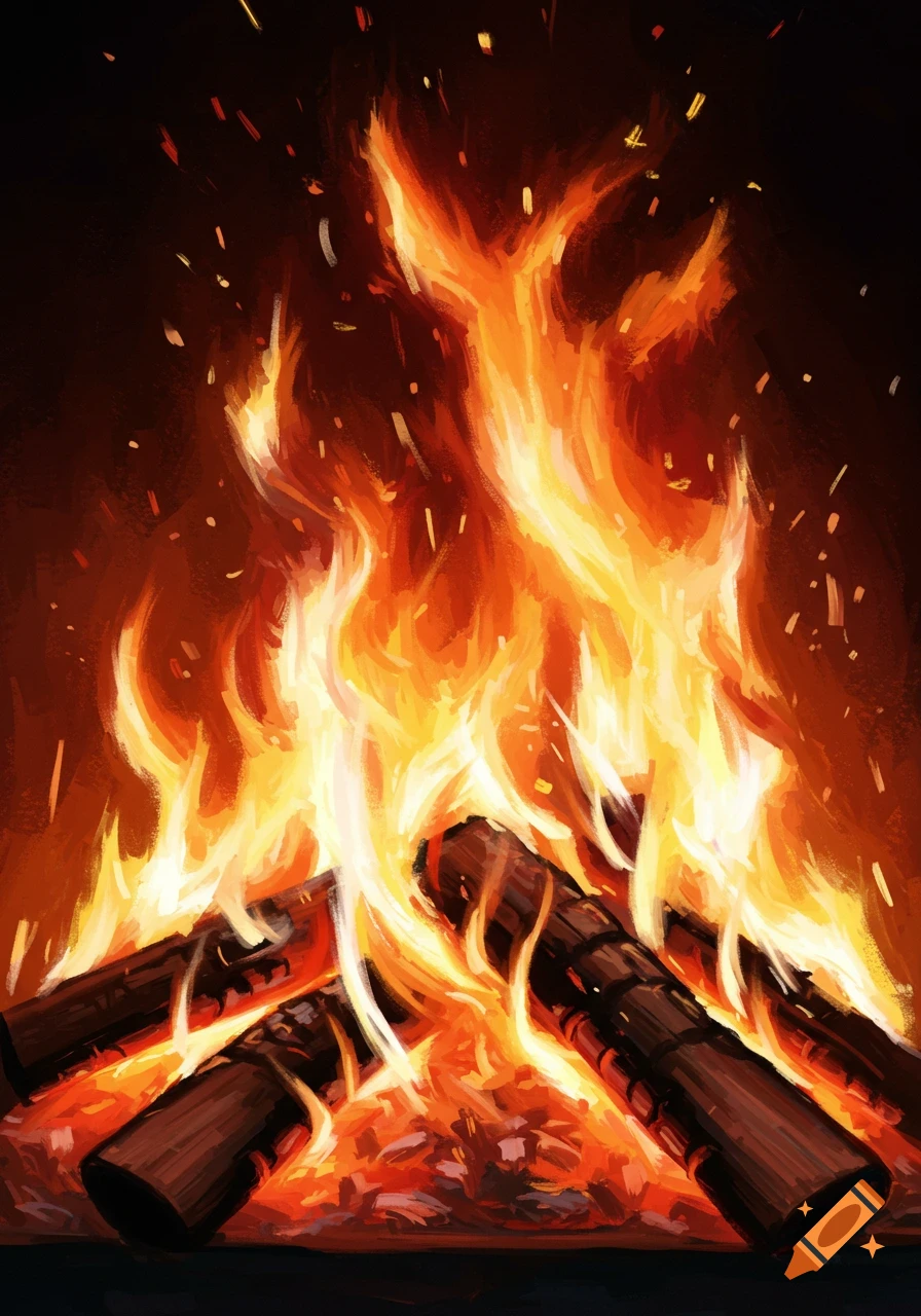 A vibrant painting of a roaring fireplace with orange and yellow flames and burning logs.