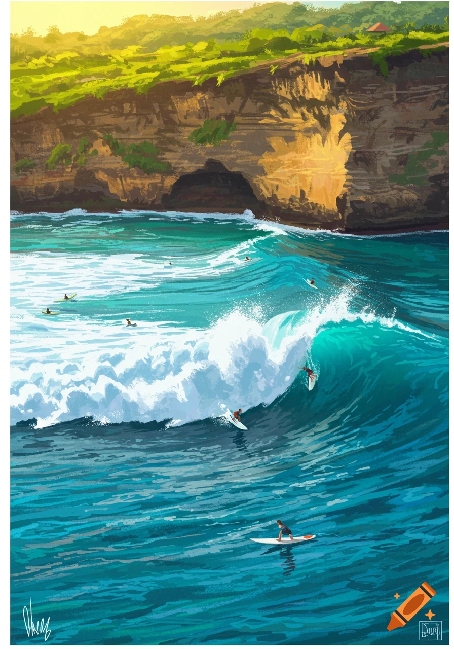 Stylized illustration of surfers riding large turquoise waves near sunlit cliffs with lush green vegetation.