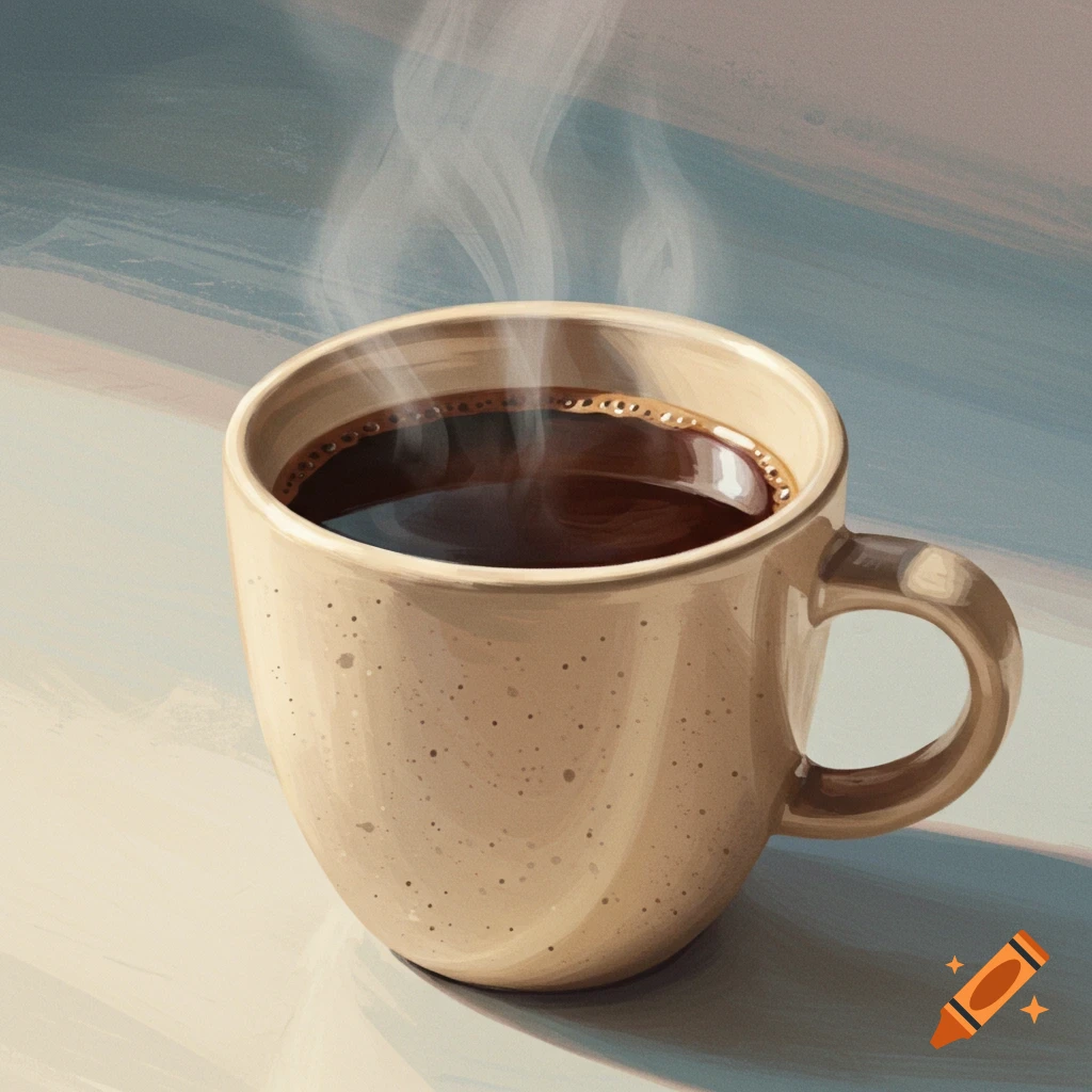 A steaming cup of coffee in a speckled beige mug on a light-colored surface, rendered in an illustrative style.
