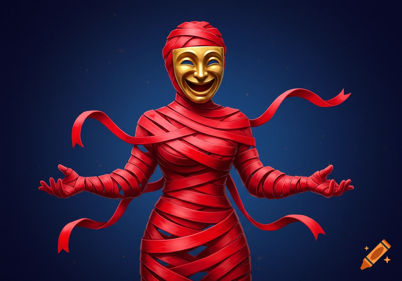 A stylized figure made of intertwining red ribbons, wearing a prominent golden comedy mask, against a dark blue background.