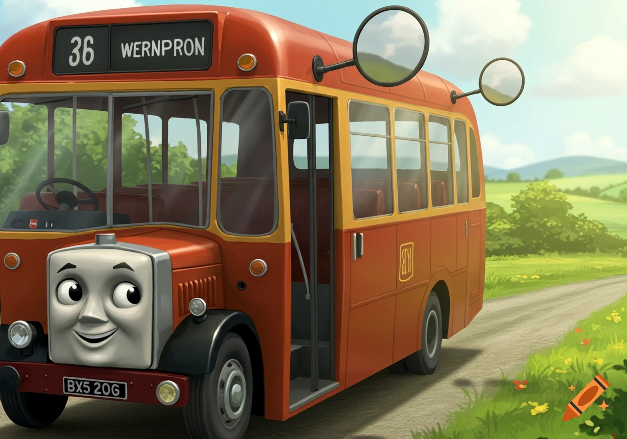 A cartoon red bus with a smiling face on its front drives on a dirt road through a green, hilly countryside.