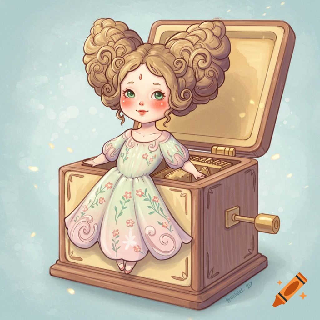 A cute, stylized doll with elaborate curly hair and a floral dress emerging from a wooden music box.
