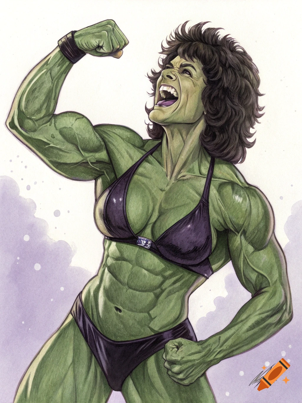A muscular, green-skinned woman in a black bikini flexes her bicep, laughing with her mouth open, in a comic book illustration style.