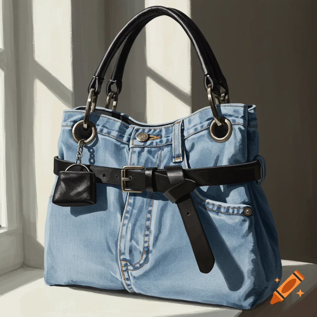 A light blue denim purse with black leather handles, a black belt tied around it, and a mini purse keychain. Realistic style.
