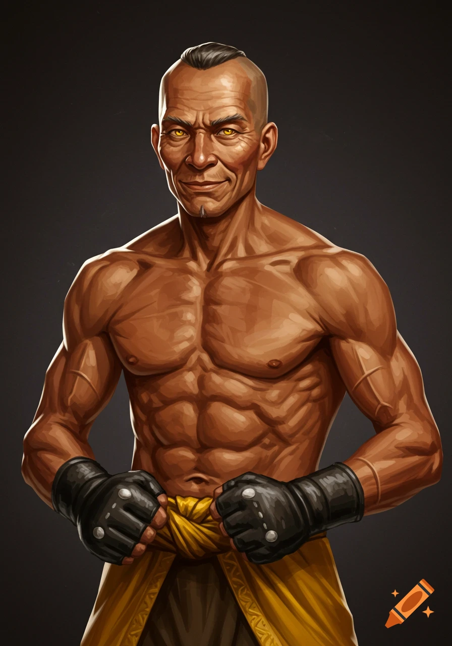 A muscular, tanned old man with yellow eyes and a mohawk, wearing fighting gloves and yellow pants, smiling, in a detailed digital painting style.