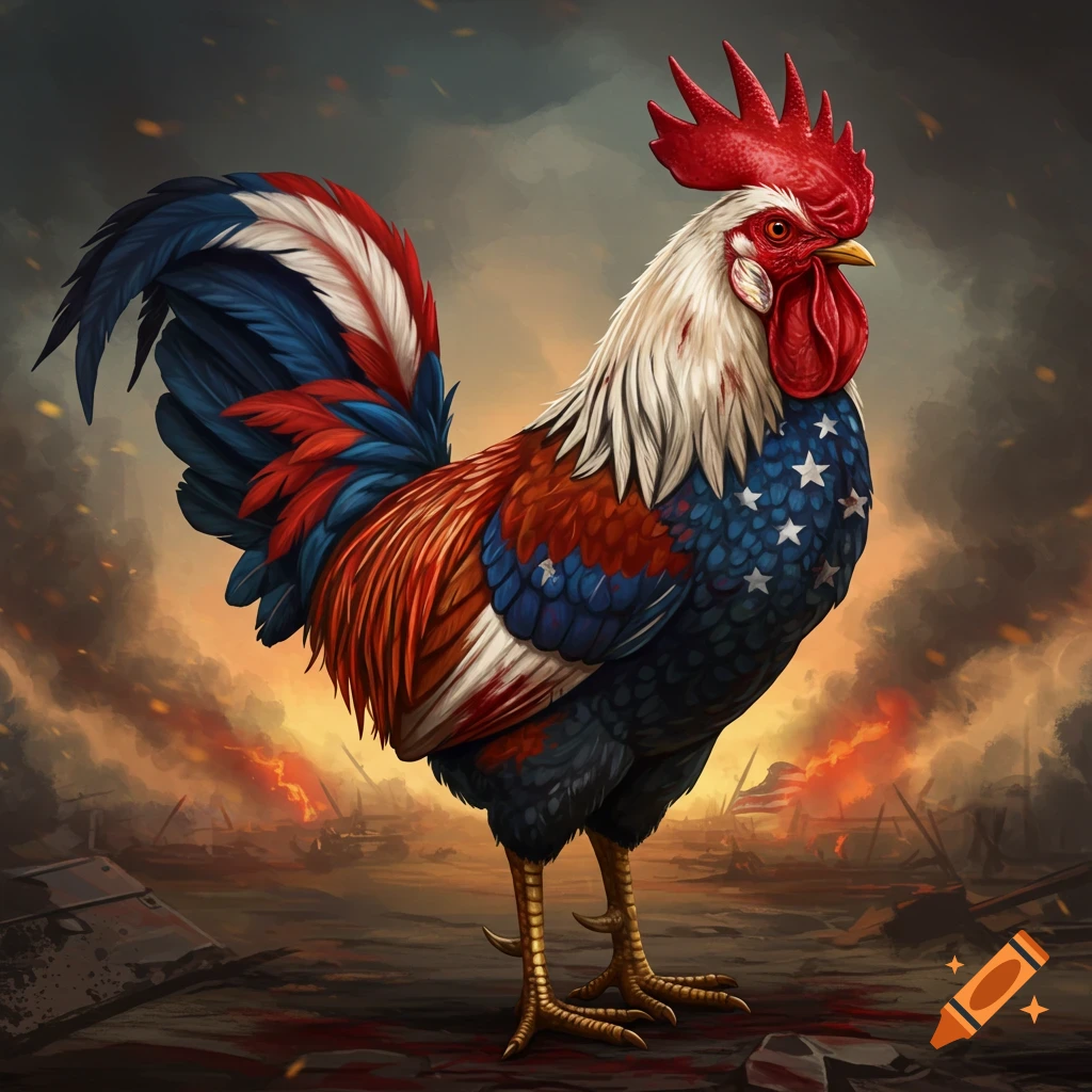 Patriotic rooster with red, white, and blue feathers standing in a fiery, smoke-filled battlefield, digital art.