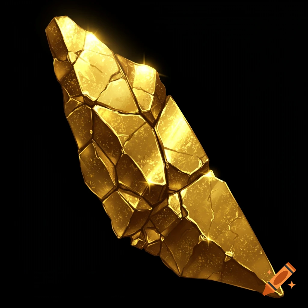A sparkling, fractured gold shard or crystal against a black background.