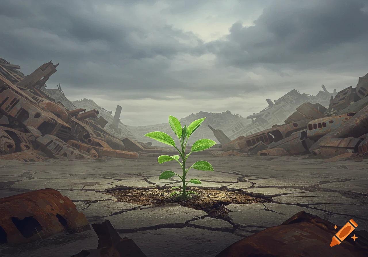 A vibrant green plant grows in cracked earth amidst a vast, rusty, post-apocalyptic wasteland under a grey sky.