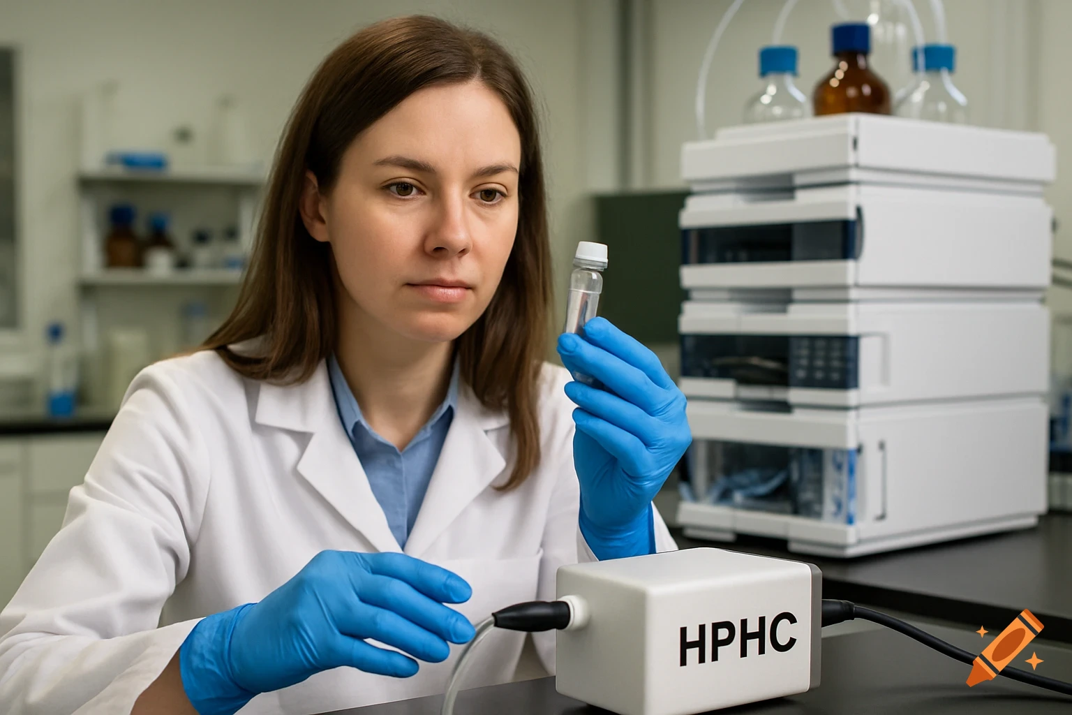A female scientist in a lab coat and blue gloves inspects a small vial in a photorealistic laboratory setting with equipment, including a box labeled "HPHC".