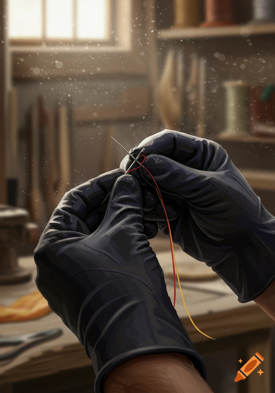 Close-up of hands in black work gloves threading a needle with red and yellow thread in a dusty workshop.