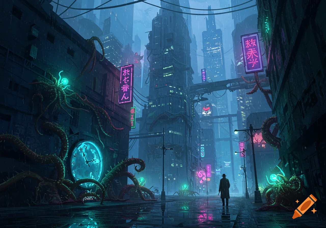 A dark, rainy cyberpunk city street with tall buildings and glowing neon signs. Large, tentacled creatures with glowing orbs emerge from buildings and the ground. A person stands in the foreground.
