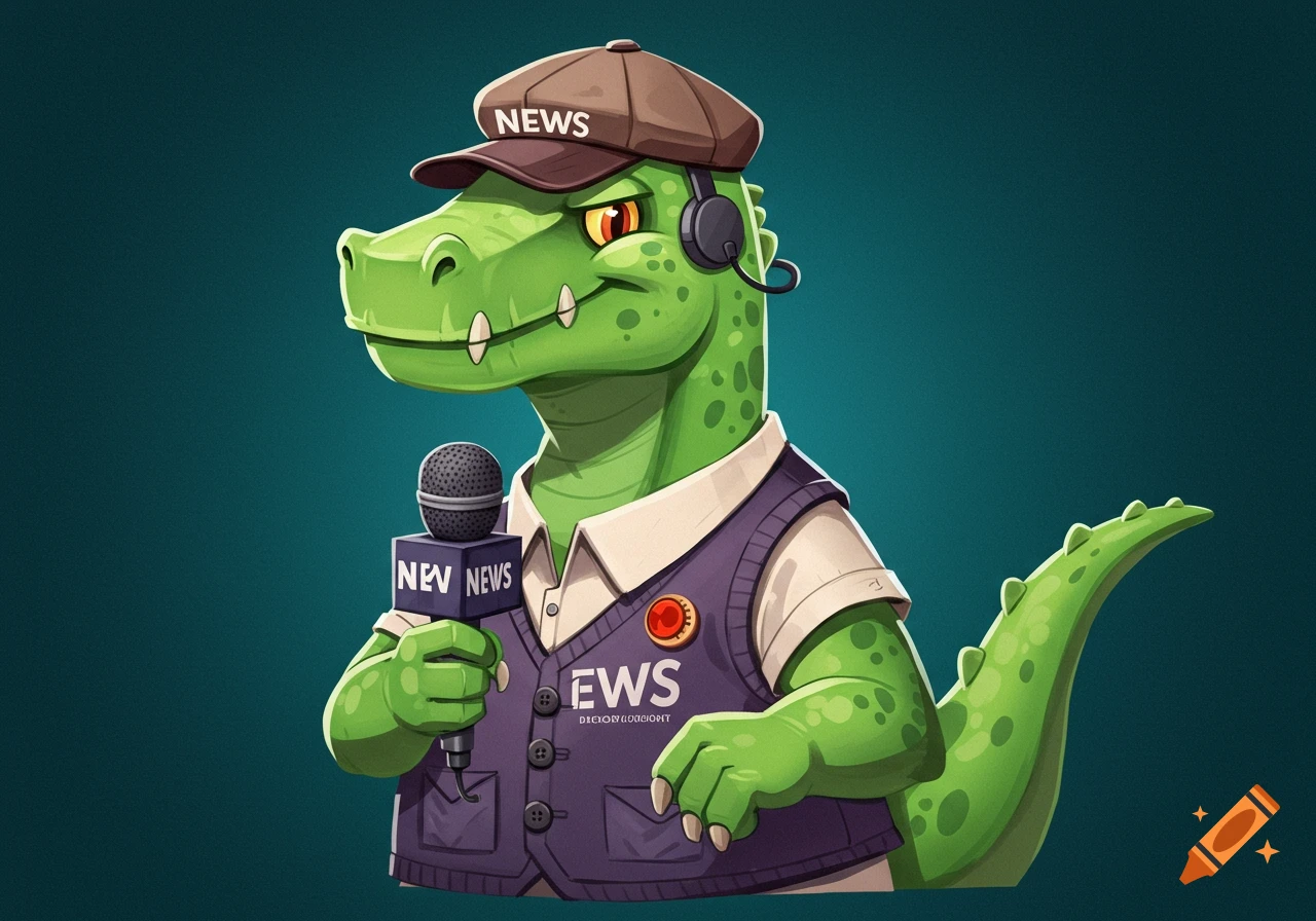 Cartoon green dinosaur reporter wearing a cap and vest, holding a microphone.
