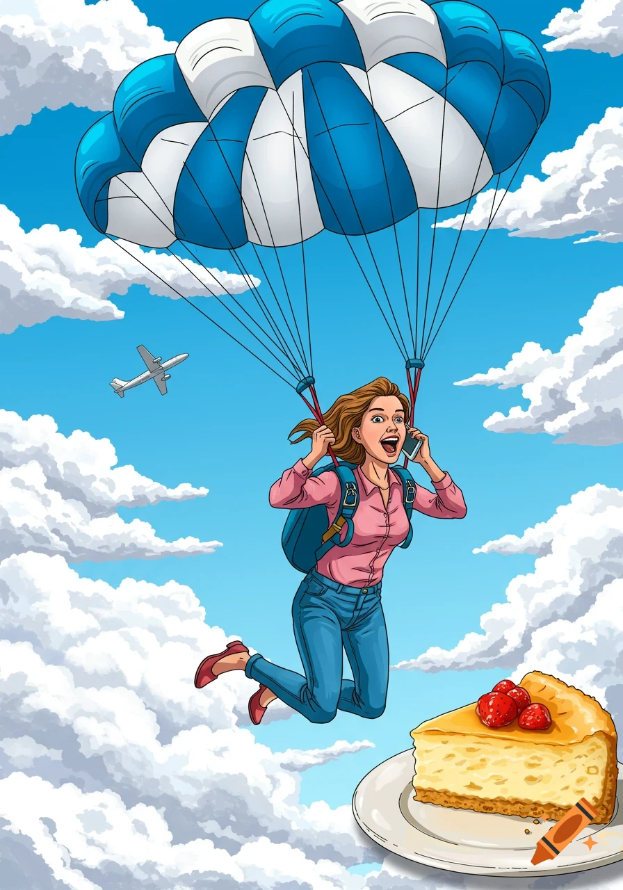 A cartoon woman parachutes through the sky, talking on her phone, as a large slice of cheesecake floats below her.