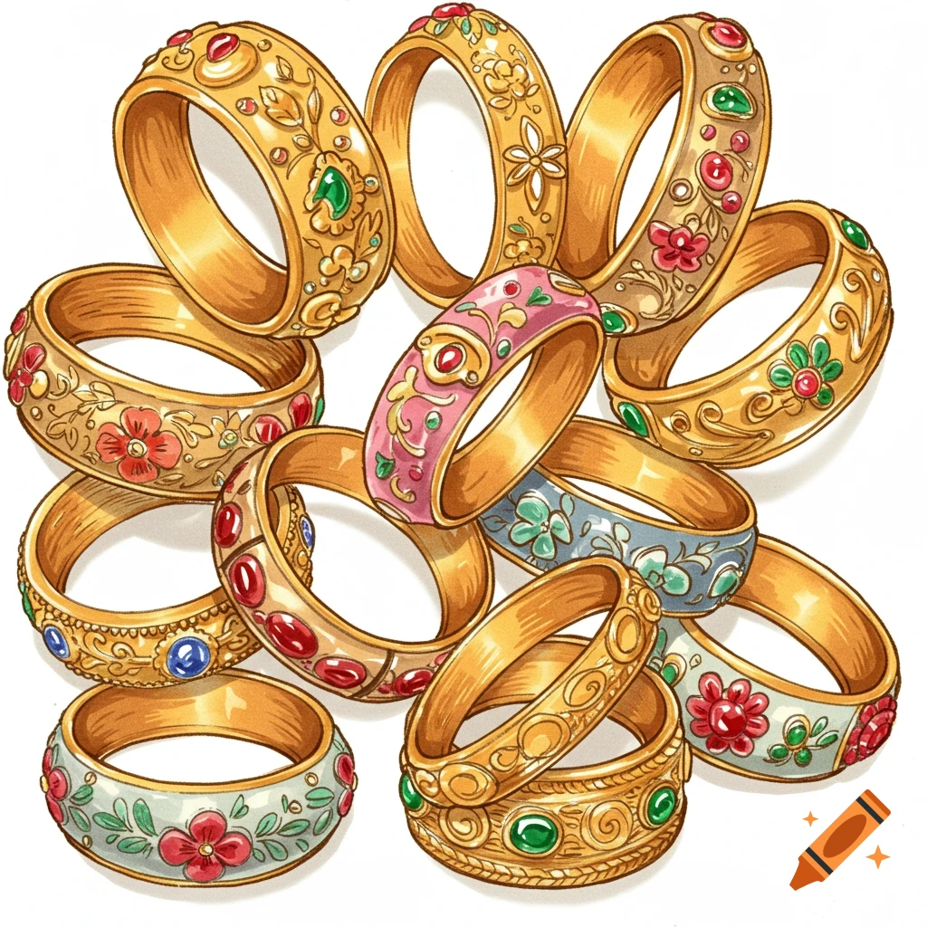 An illustration of a pile of ornate gold bangles and rings adorned with colorful gems and floral patterns.