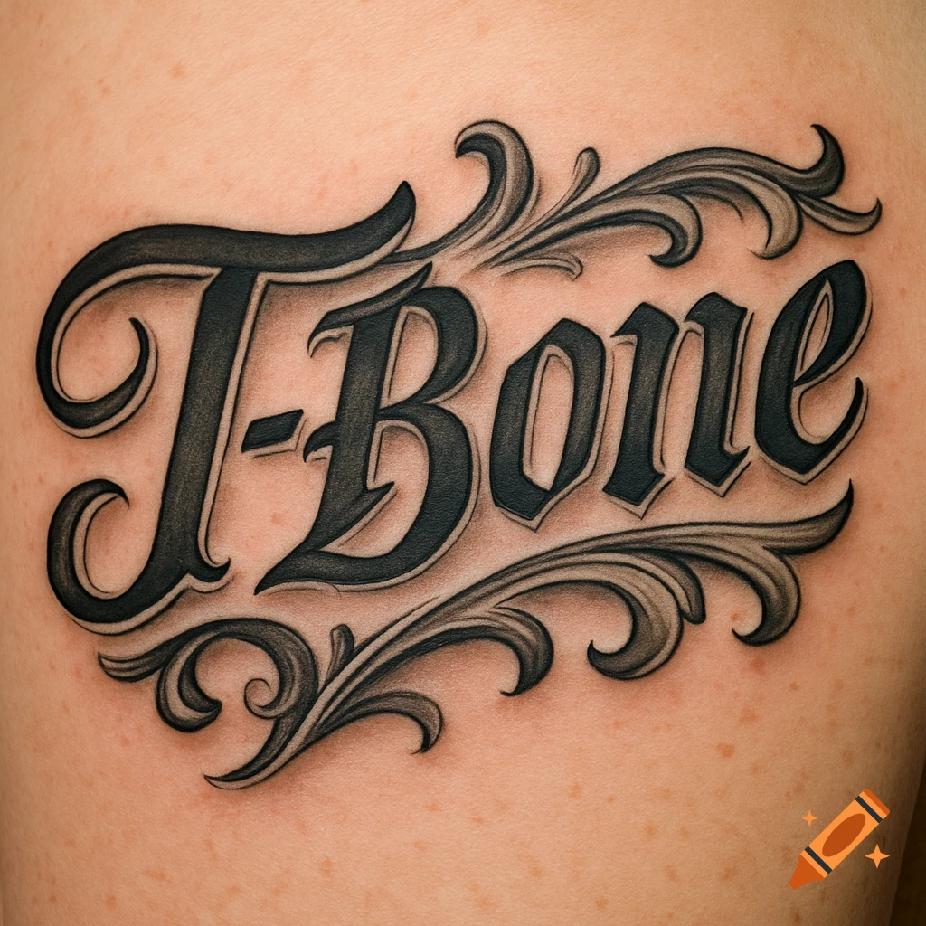 Close-up of a black letter style tattoo of the name 'T-Bone' on skin.