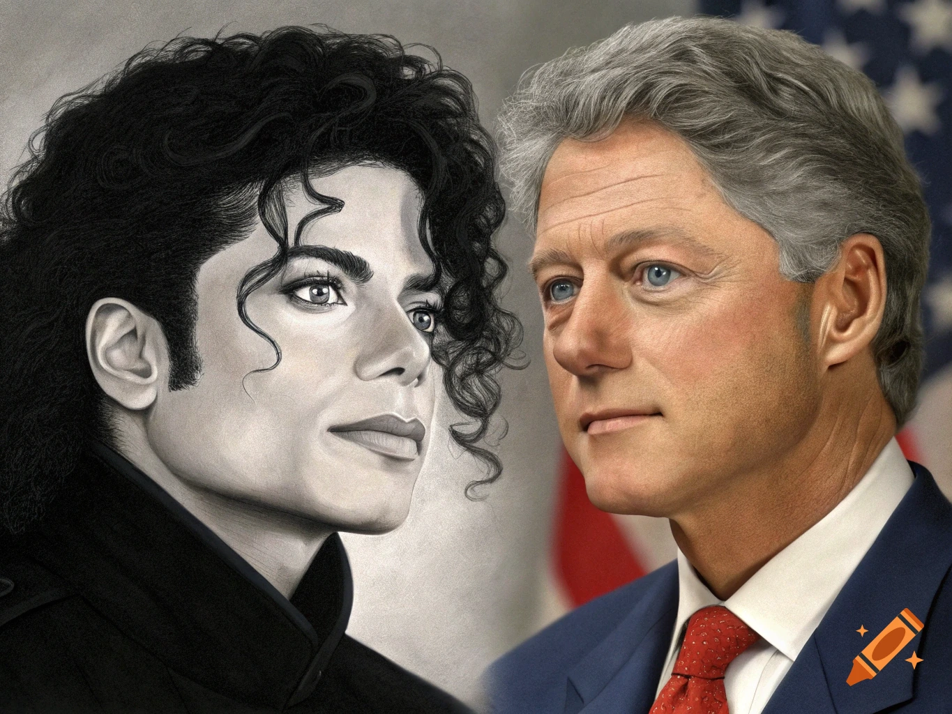 A composite portrait featuring a black and white drawing of Michael Jackson on the left and a color realistic image of Bill Clinton on the right.
