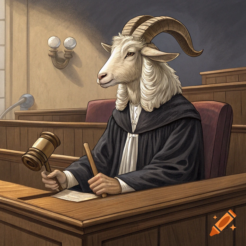 A goat wearing a judge's robe and wig sits at a wooden bench in a courtroom, holding a gavel and paper.