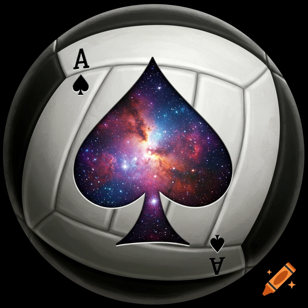 A volleyball with a space-filled ace of spades cut out in the center, showing distant galaxies and stars.