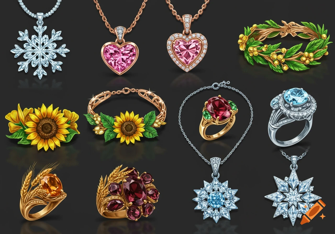 A vibrant collection of necklaces, rings, and bracelets featuring various gemstones and seasonal designs like snowflakes, sunflowers, and leaves.