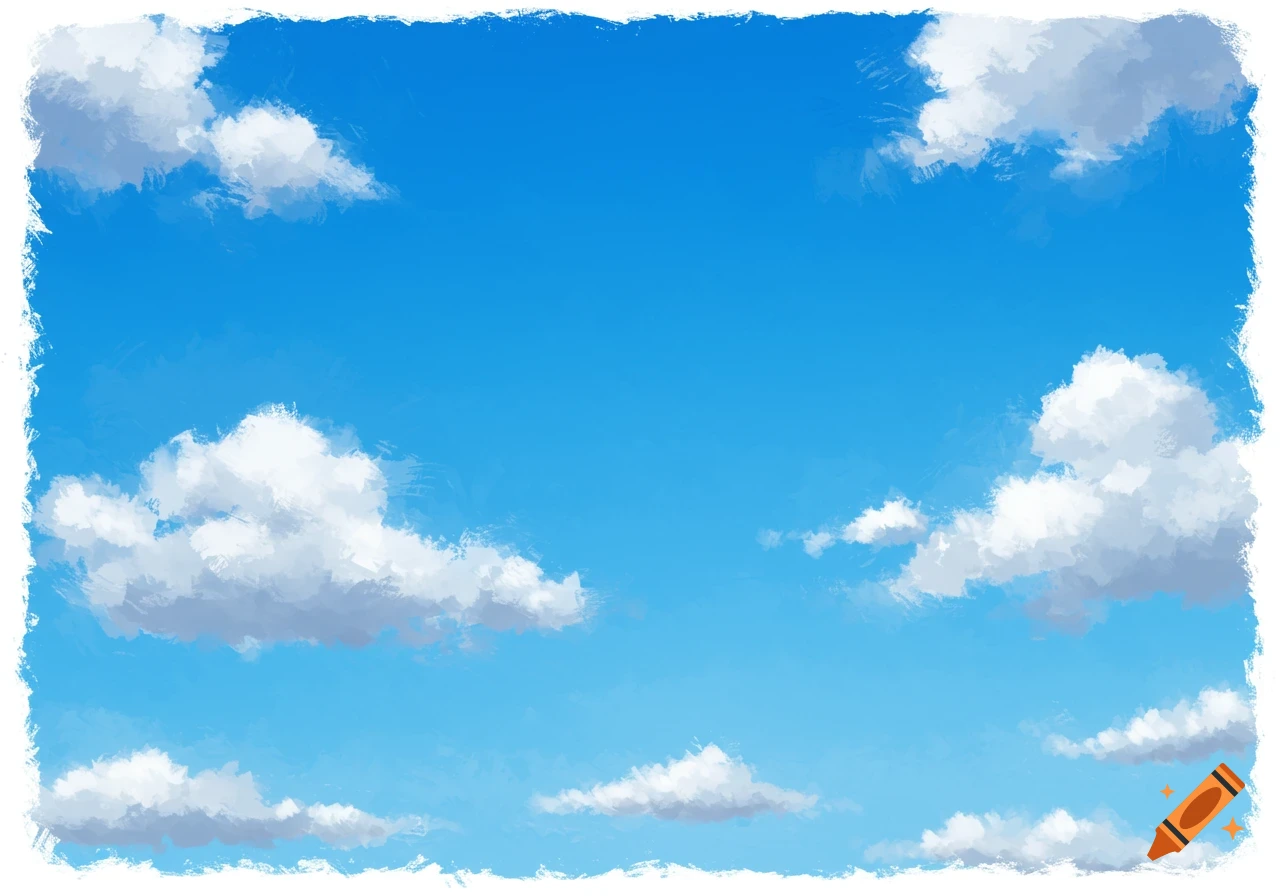 A bright blue sky with fluffy white and grey clouds in a painterly style.