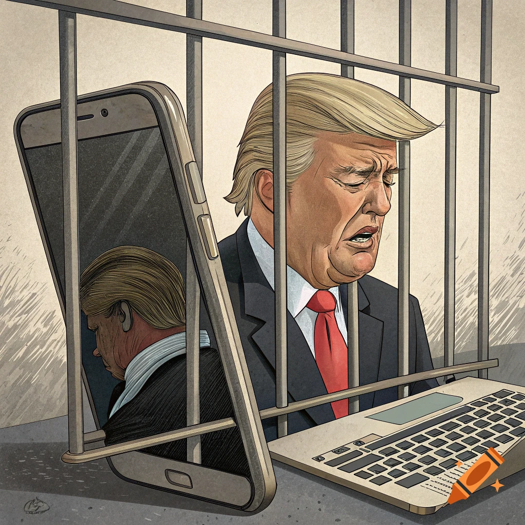 An illustration of Donald Trump crying behind jail bars, reflected in a large smartphone, with a laptop nearby.