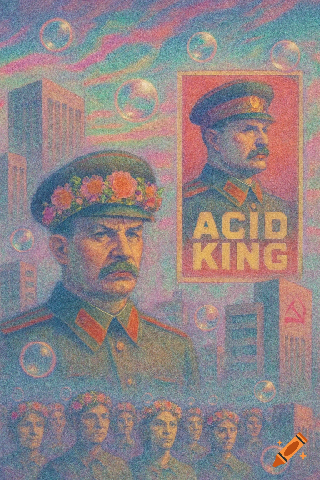 A grainy, pastel-soaked psychedelic artwork depicting a Stalin-like figure with a flower crown, a poster behind him reading 'ACID KING', and a crowd of people also wearing flower crowns below, set against a surreal cityscape with bubbles.