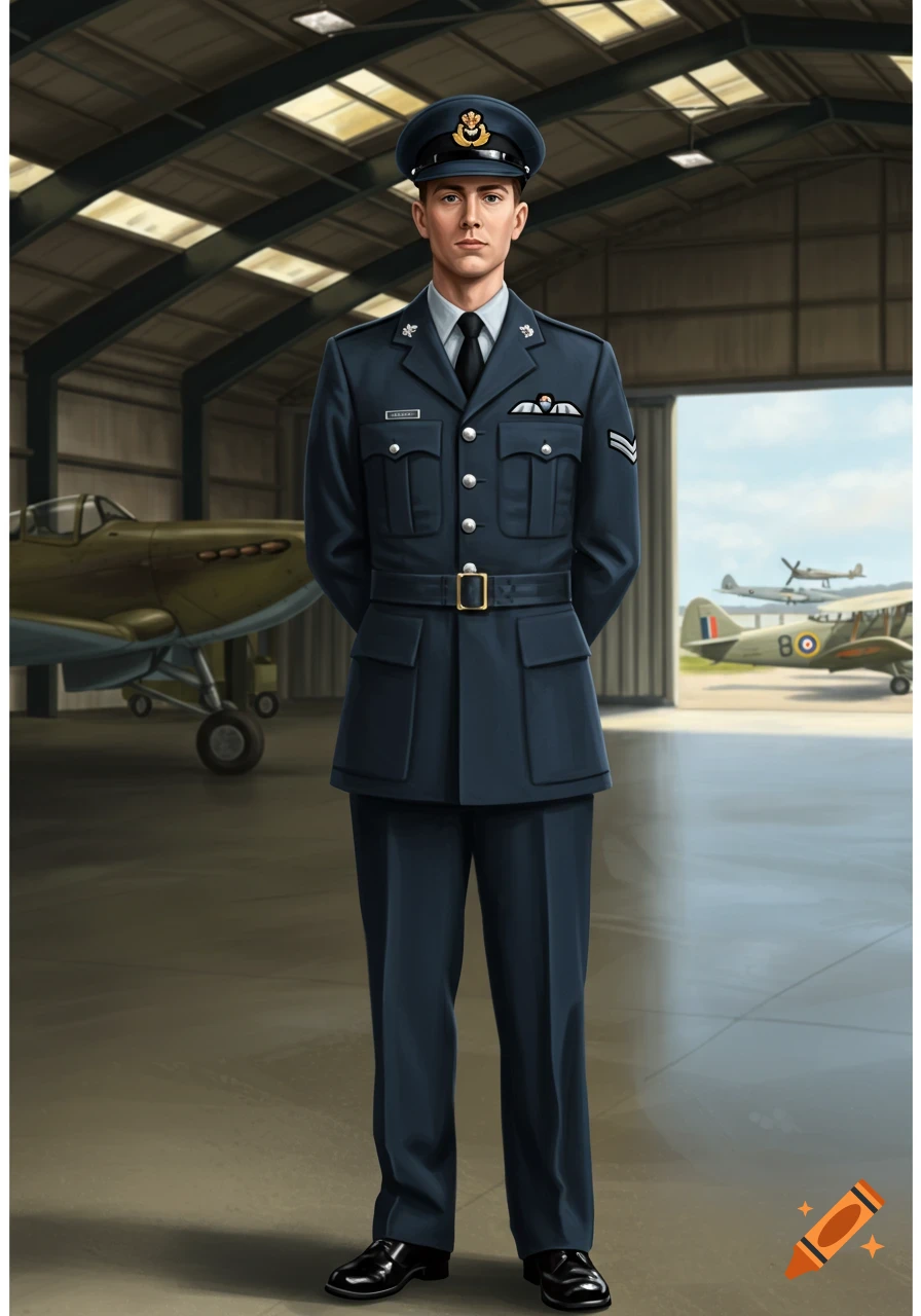 A man in a British military uniform stands in an aircraft hangar with vintage airplanes in the background.